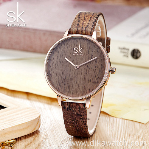 Shengke New Creative Women Watches Casual Fashion Wood Leather Watch Simple Female Quartz Wristwatch Relogio Feminino